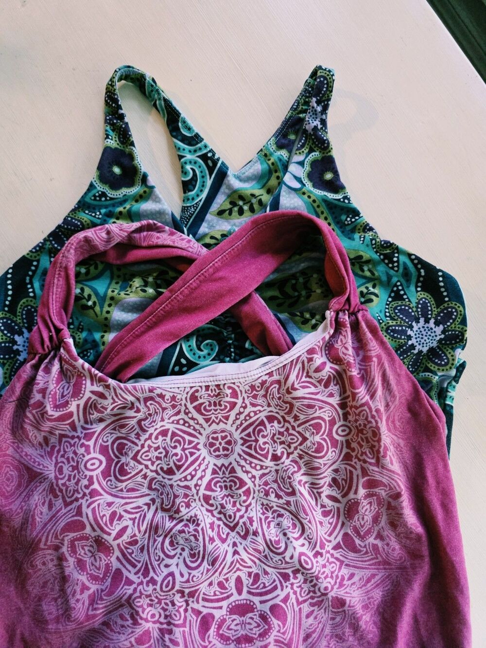 Two tops by prAna Crossback Built-in Tank Bra Pink and Green M - Picture 6 of 13